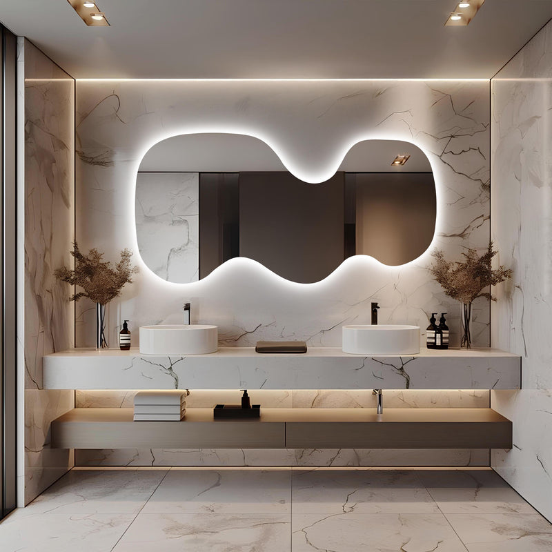 Grand miroir mural LED rétro-éclairé asymétrique ondulé