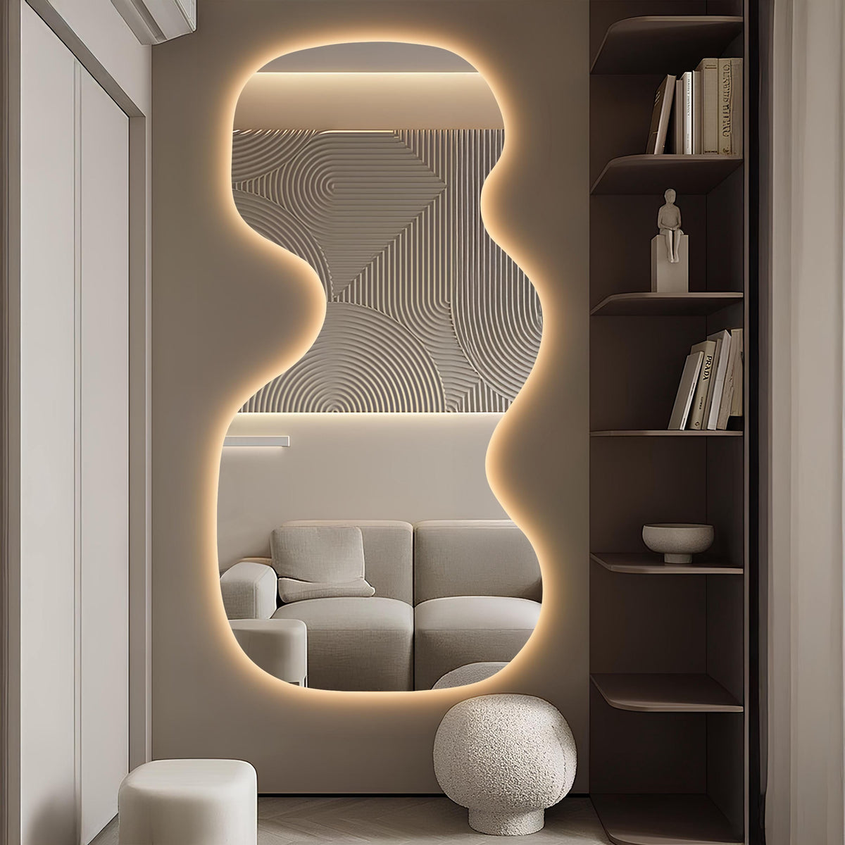Grand miroir mural LED rétro-éclairé asymétrique ondulé