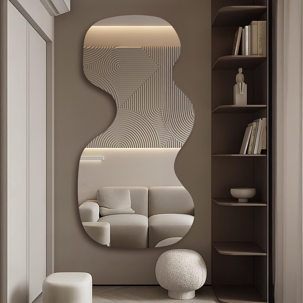 Grand miroir mural LED rétro-éclairé asymétrique ondulé
