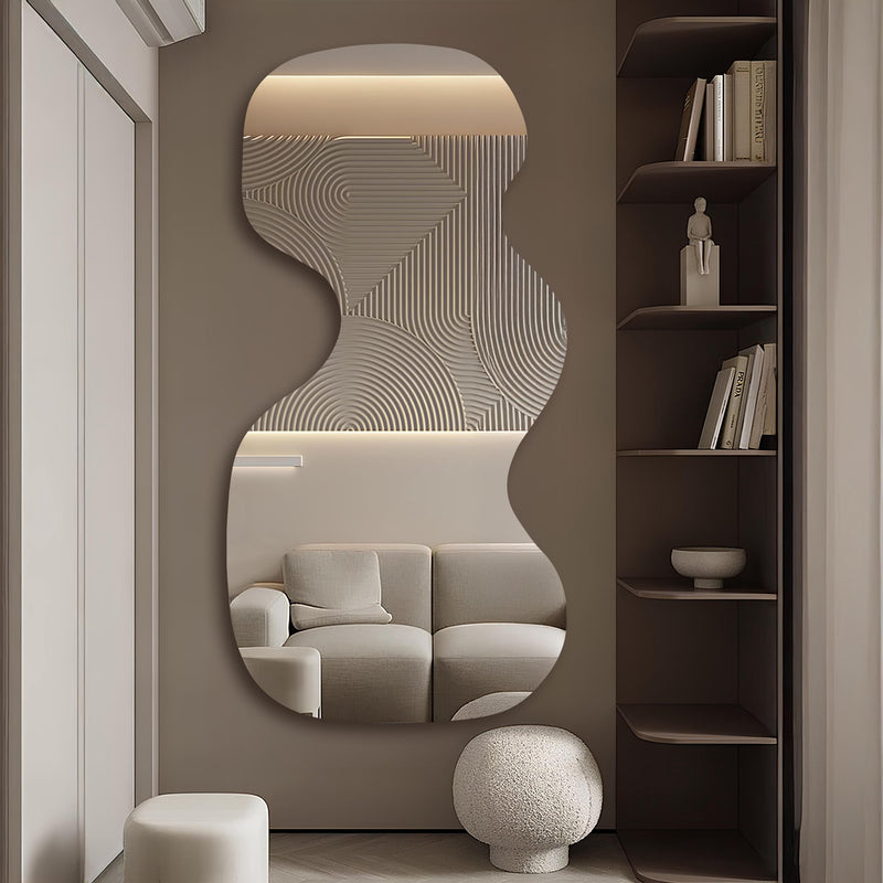 Grand miroir mural LED rétro-éclairé asymétrique ondulé