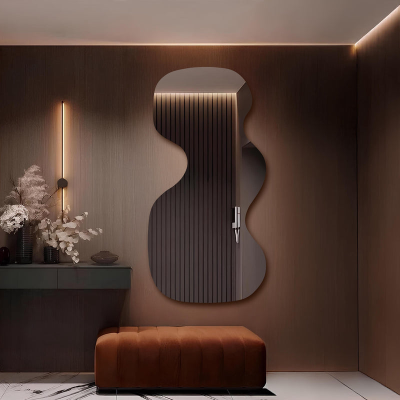 Grand miroir mural LED rétro-éclairé asymétrique ondulé