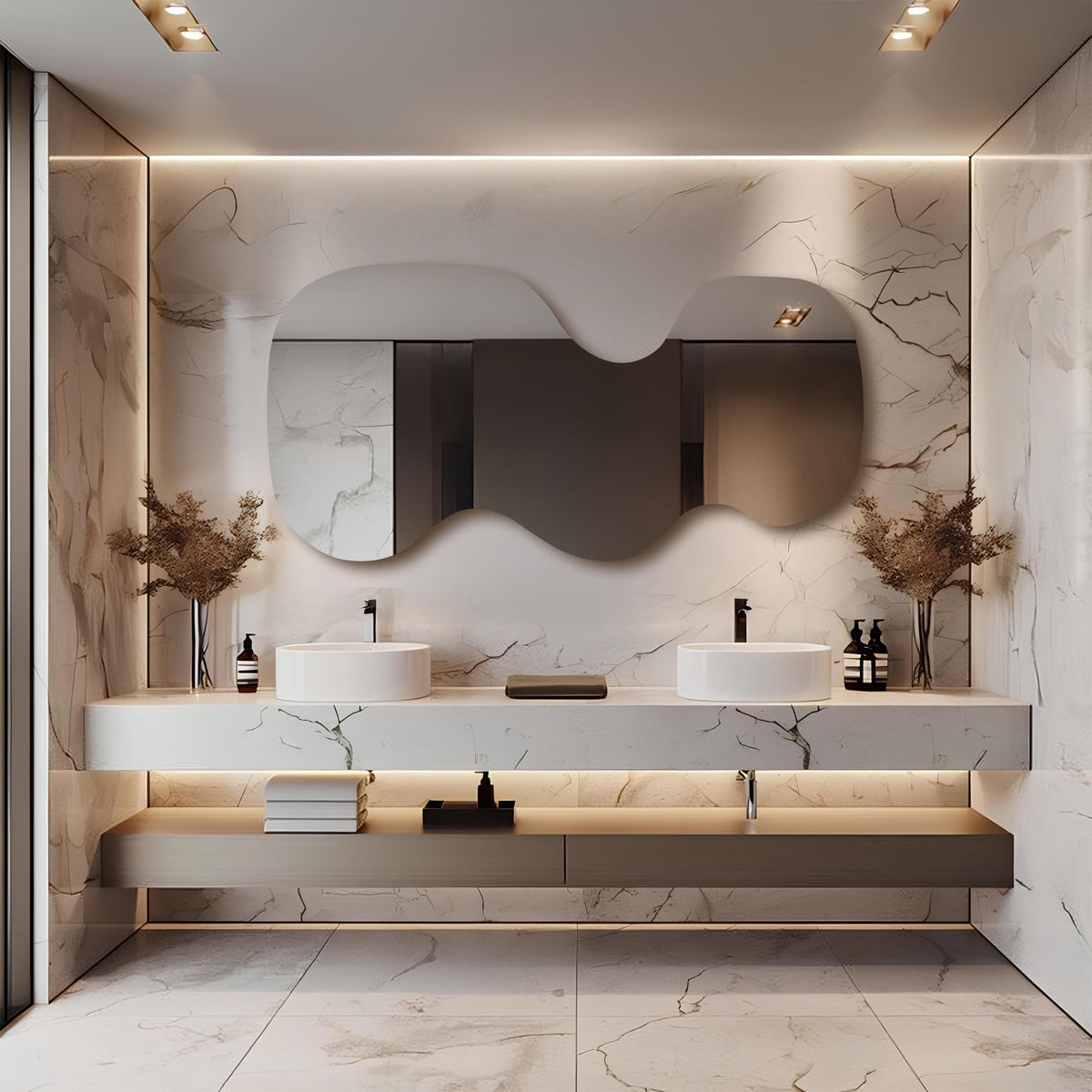 Grand miroir mural LED rétro-éclairé asymétrique ondulé