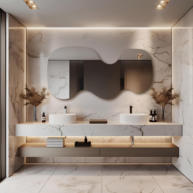 Grand miroir mural LED rétro-éclairé asymétrique ondulé
