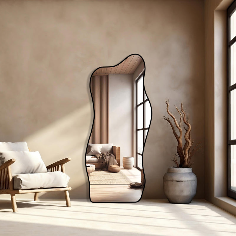 Miroir ondulé pleine longueur En skaï noir