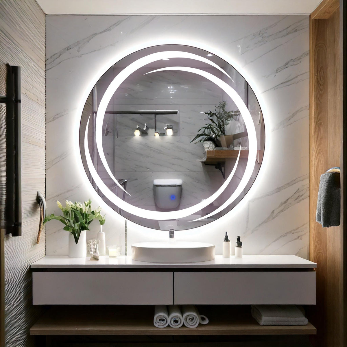 Miroir de salle de bain et lavabo LED sablé laser Flux