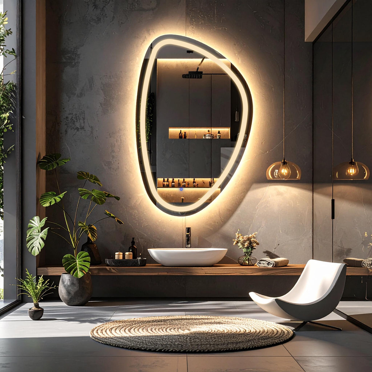 Miroir de salle de bain et lavabo LED sablé laser Diagonale