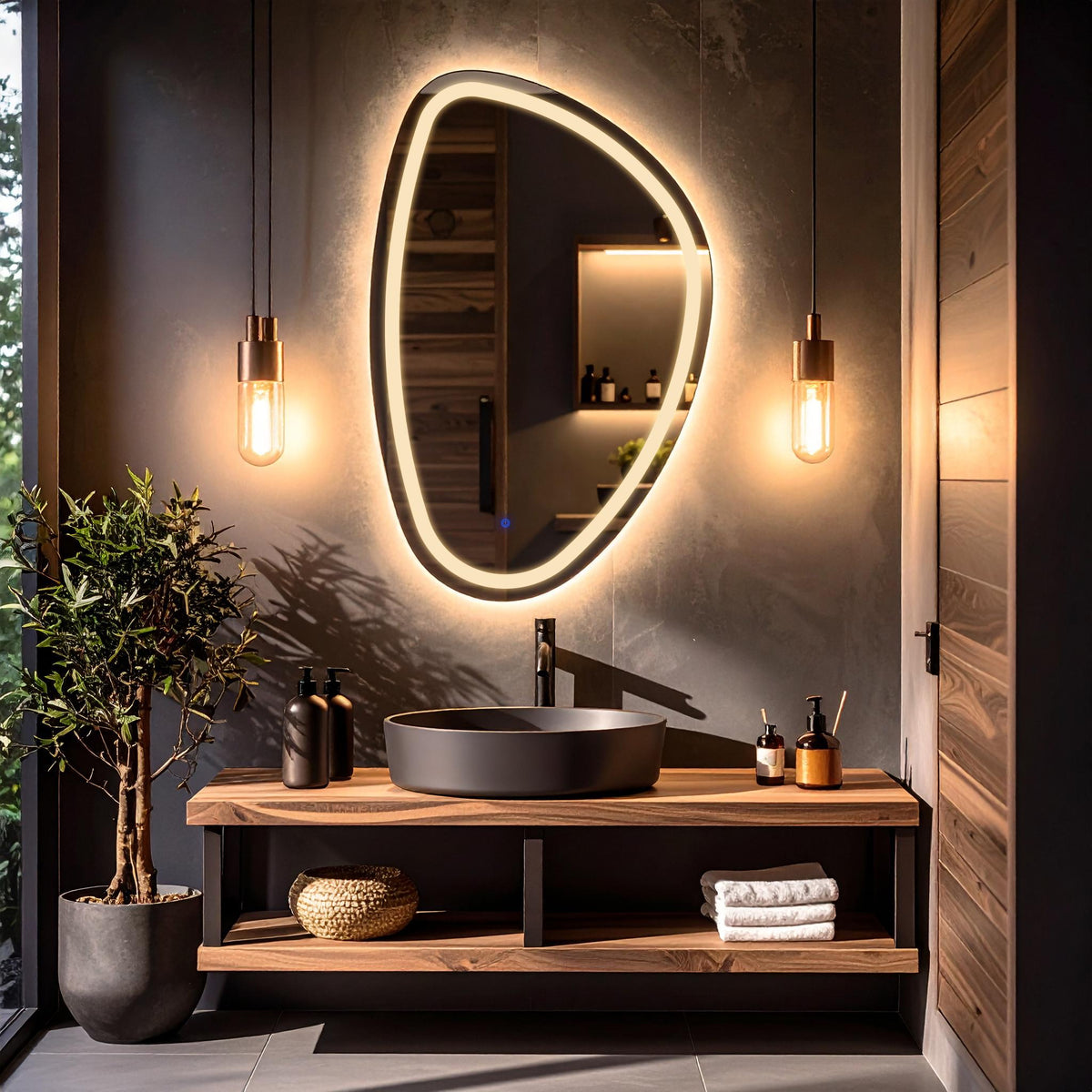 Miroir de salle de bain et lavabo LED sablé laser Diagonale