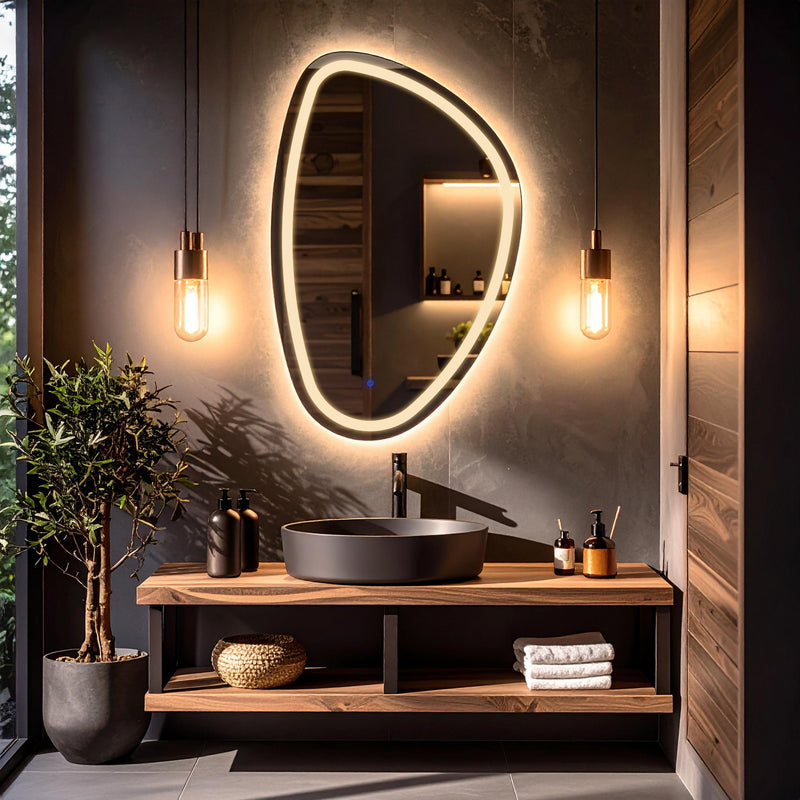 Miroir de salle de bain et lavabo LED sablé laser Diagonale