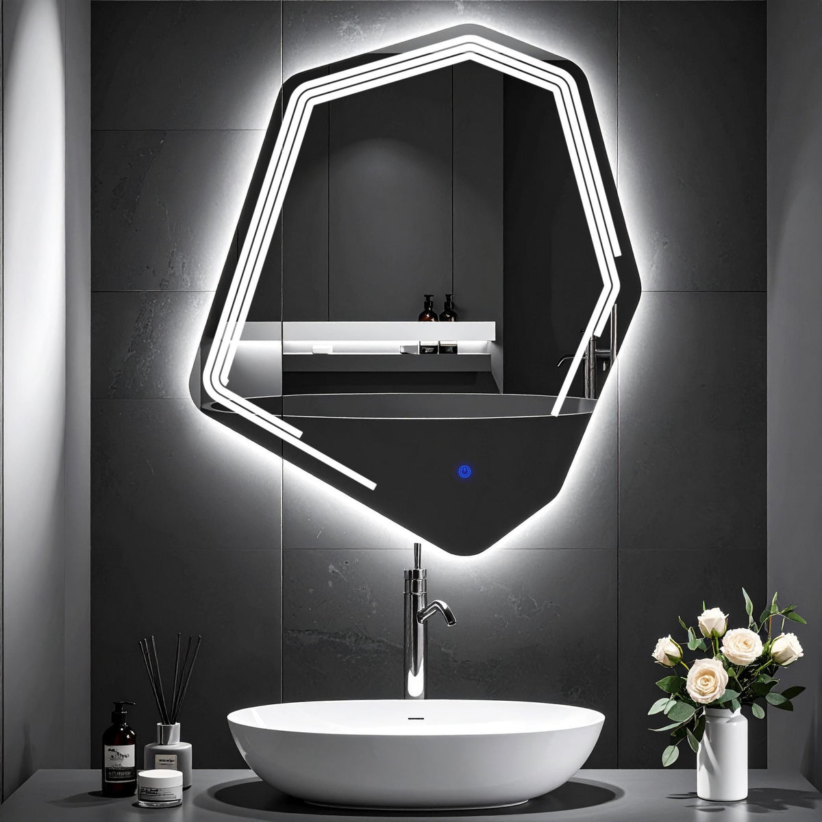 Miroir de salle de bain et lavabo LED Myrella sablé laser