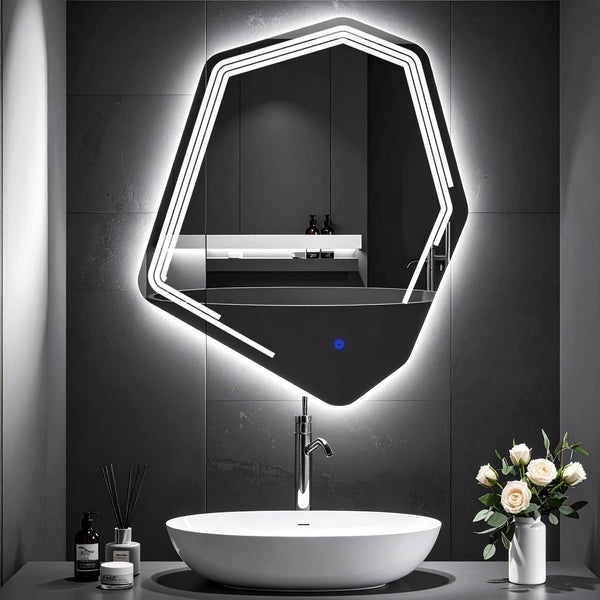 Miroir de salle de bain et lavabo LED Myrella sablé laser