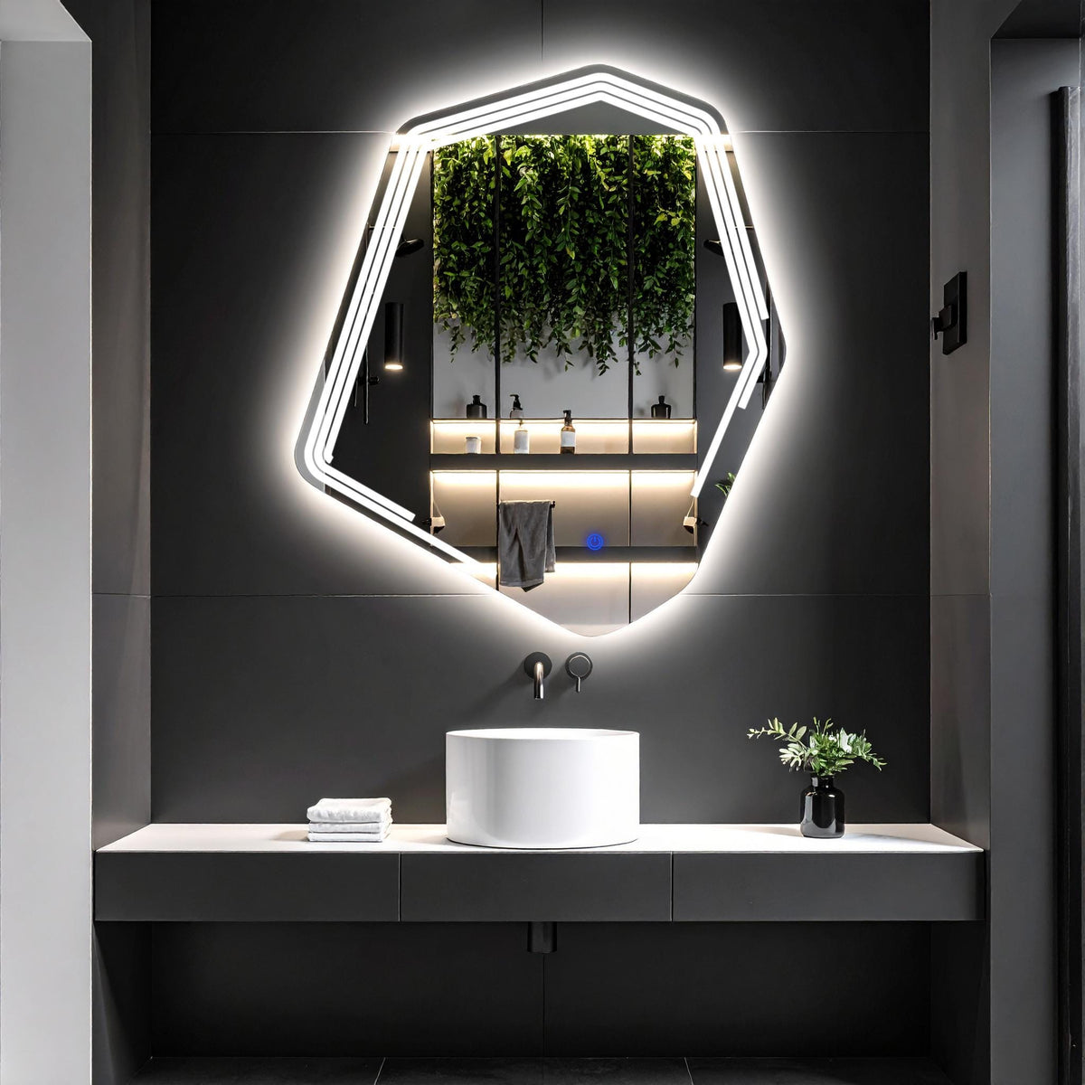 Miroir de salle de bain et lavabo LED Myrella sablé laser