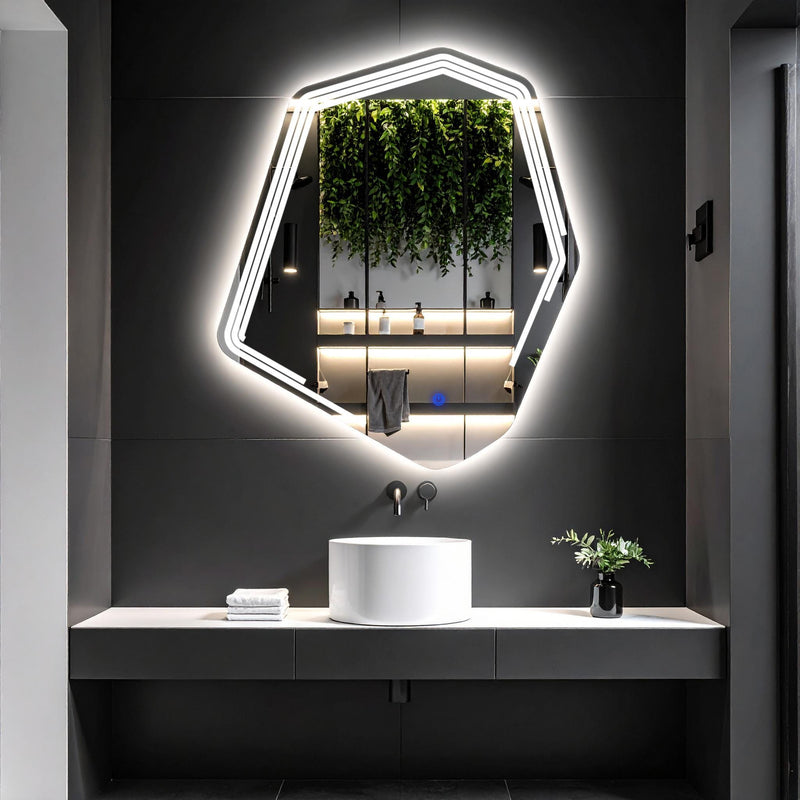 Miroir de salle de bain et lavabo LED Myrella sablé laser