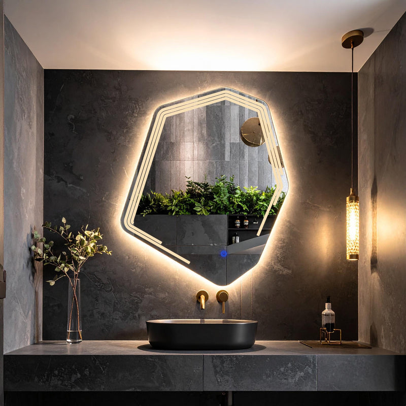 Miroir de salle de bain et lavabo LED Myrella sablé laser
