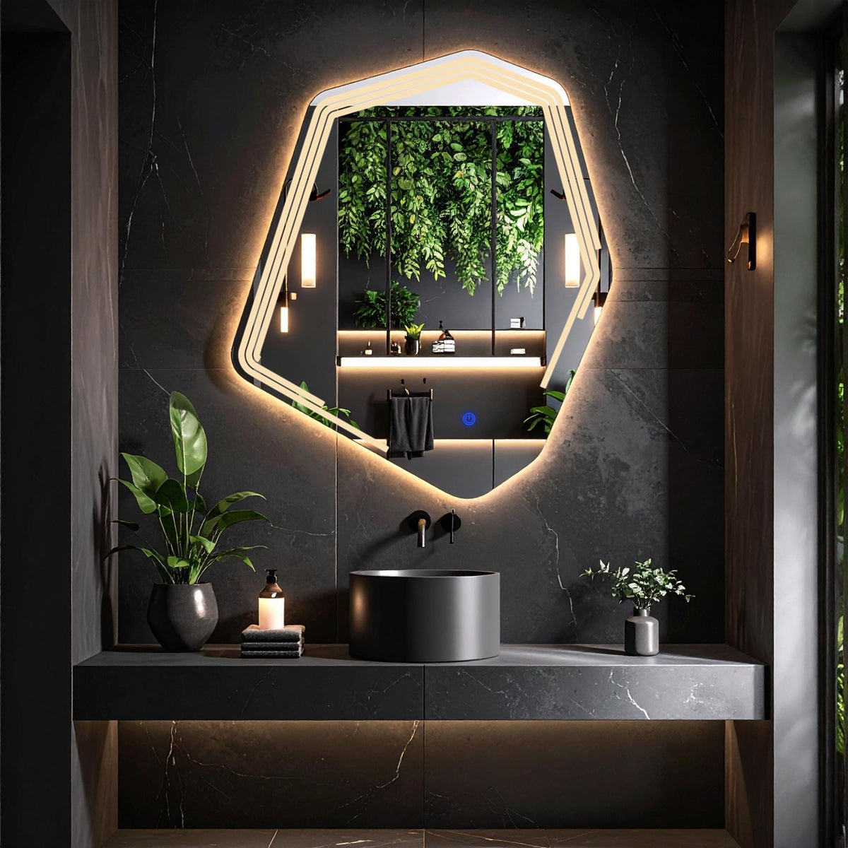 Miroir de salle de bain et lavabo LED Myrella sablé laser