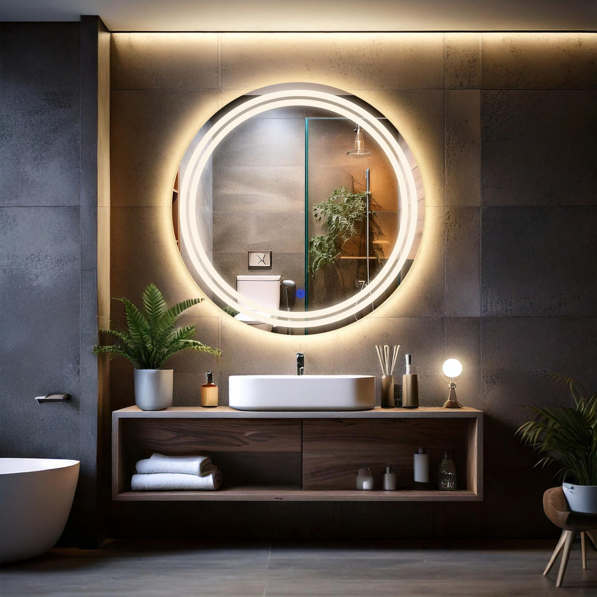 Miroir de salle de bain et lavabo LED sablé laser Luna