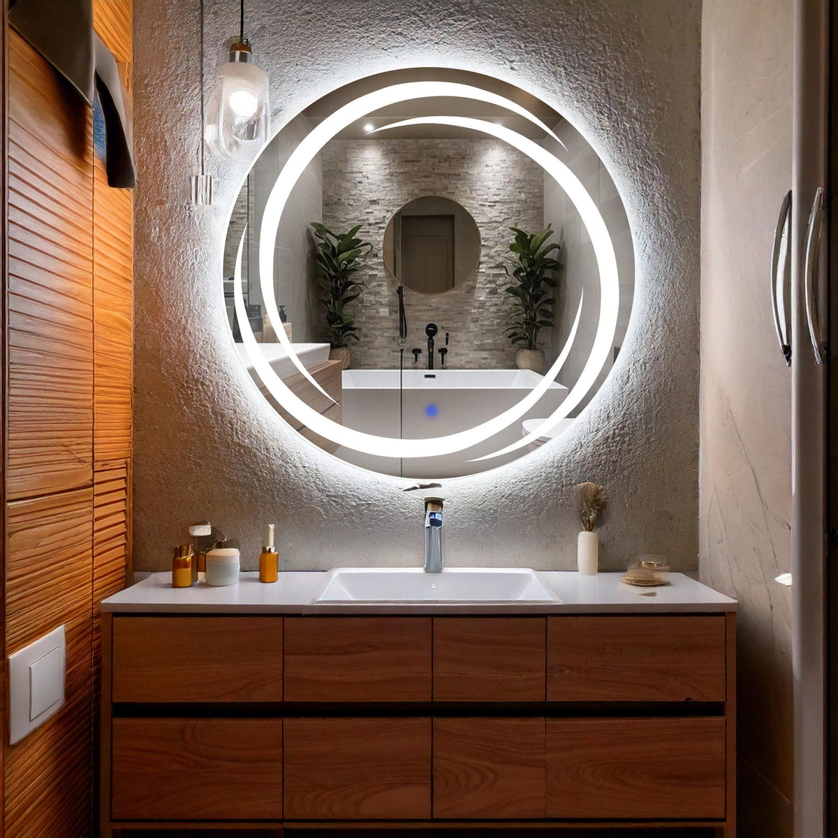 Miroir de salle de bain et lavabo LED sablé laser Flux