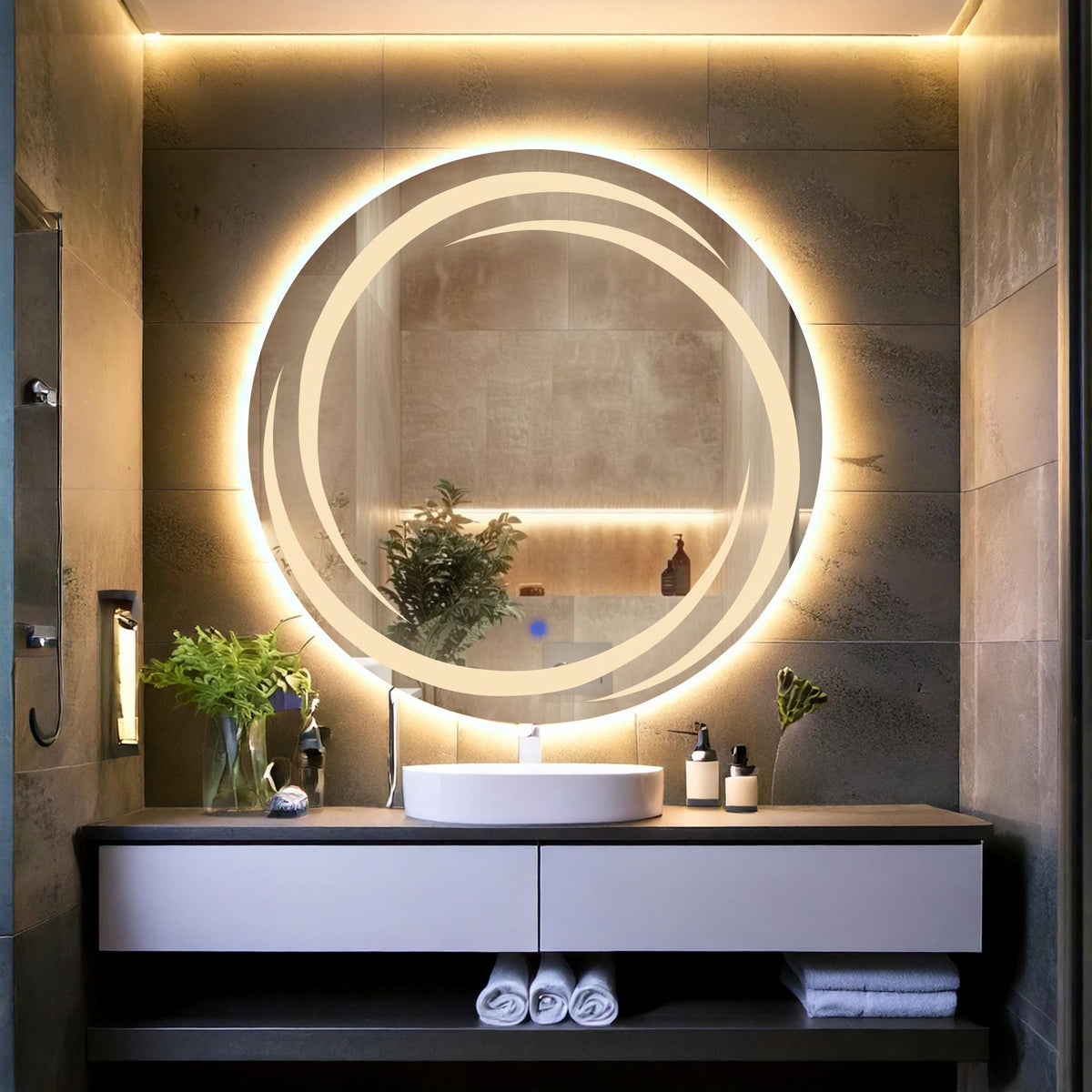 Miroir de salle de bain et lavabo LED sablé laser Flux