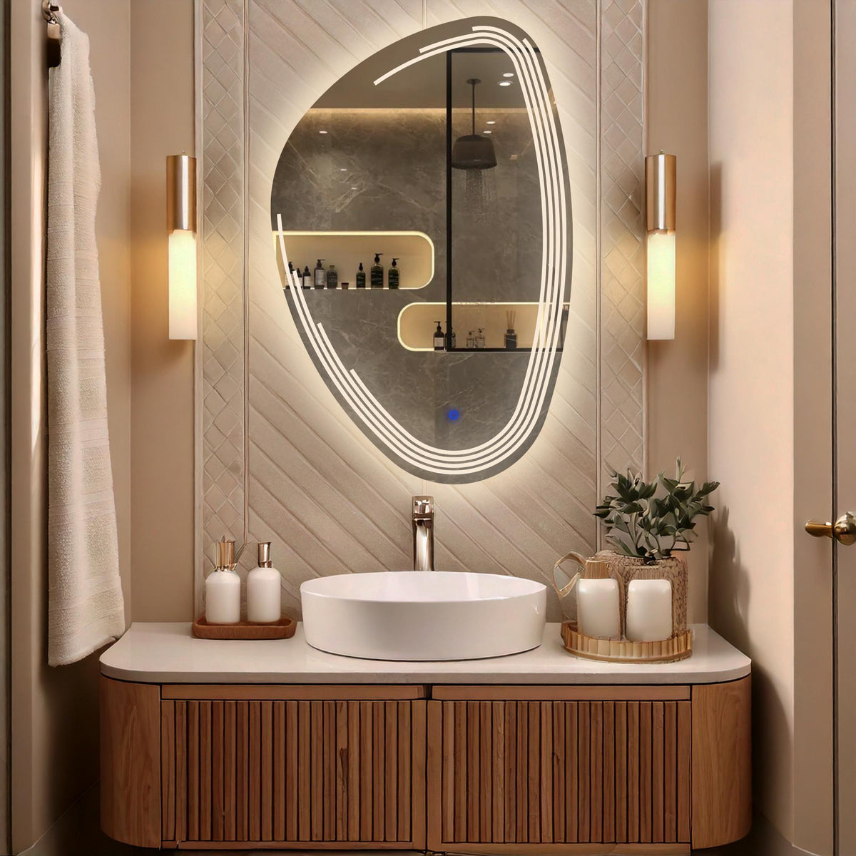 Miroir de salle de bain et lavabo LED sablé au laser Fractura