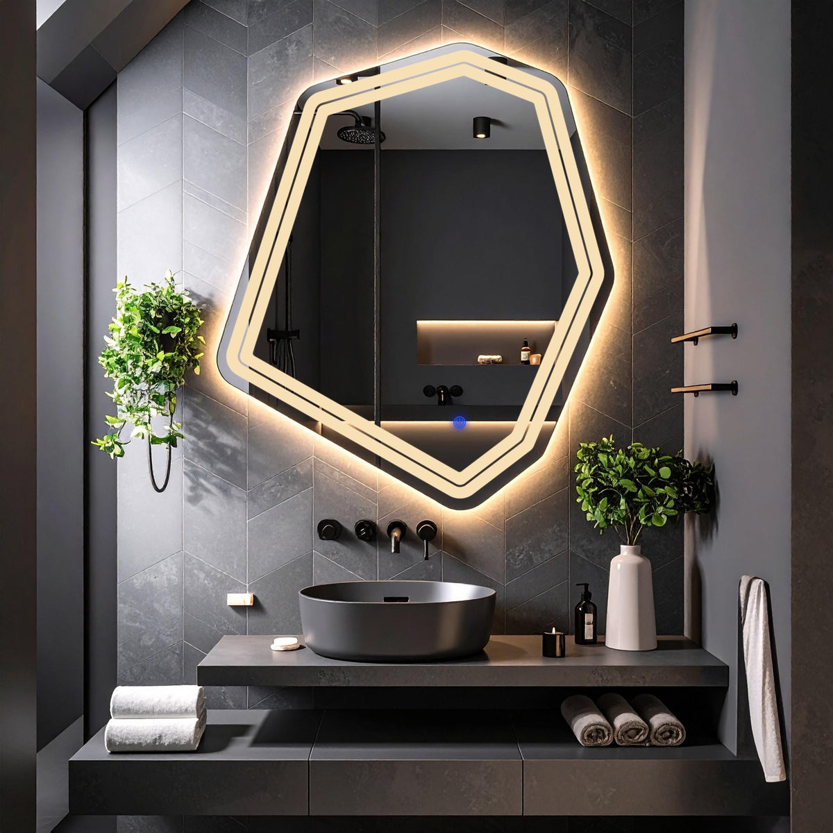 Miroir de salle de bain et lavabo LED sablés au laser Domira