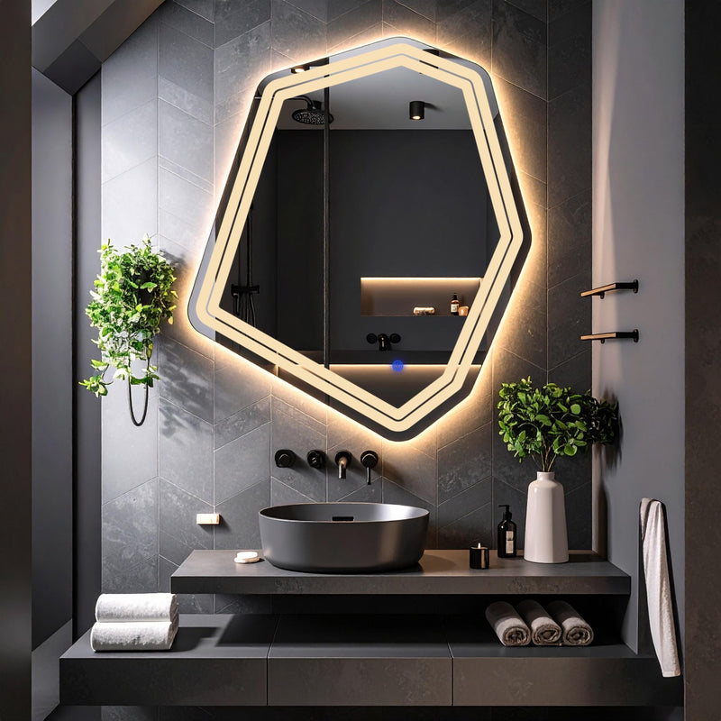 Miroir de salle de bain et lavabo LED sablés au laser Domira