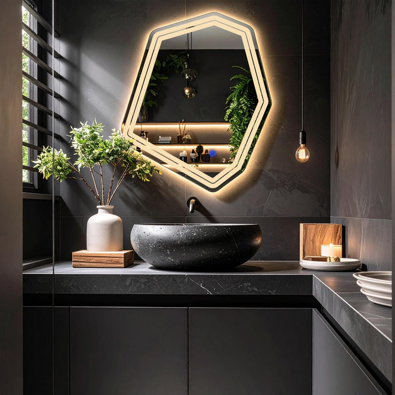 Miroir de salle de bain et lavabo LED sablés au laser Domira