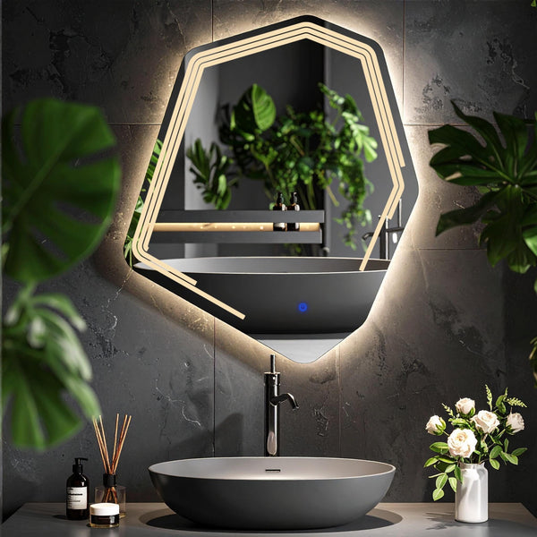 Miroir de salle de bain et lavabo LED Myrella sablé laser