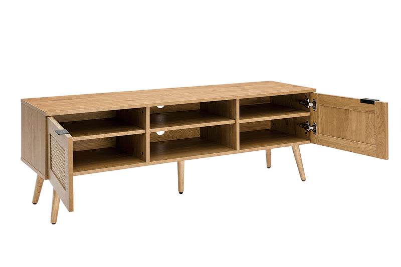 Meuble TV finition bois clair, cannage rotin 2 portes MANILLE