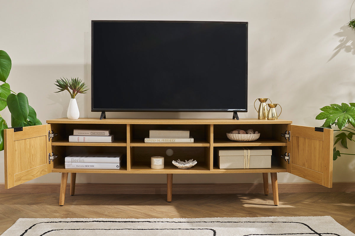 Meuble TV finition bois clair, cannage rotin 2 portes MANILLE