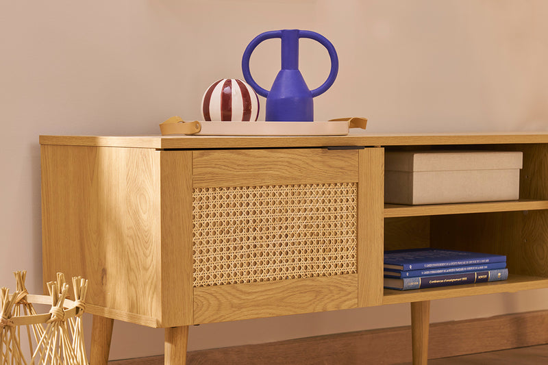 Meuble TV finition bois clair, cannage rotin 2 portes MANILLE